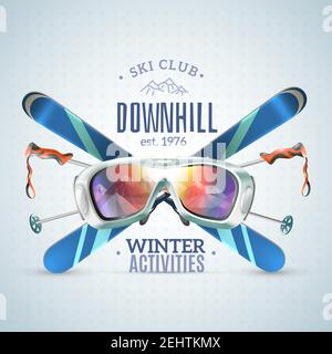 Colored ski club poster with downhill winter activities headline and equipment extremals vector illustration Stock Vector