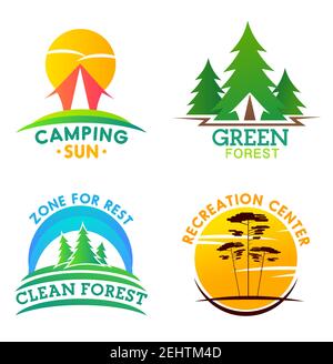 Camping and clean forest or recreation center icons. Forest campground park heraldic symbol with tent, firs or spruces, tall trees on sunset. Zones fo Stock Vector