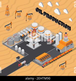 Oil production isometric composition with industrial buildings, derricks, tanks for storage, transportation on desert background vector illustration Stock Vector