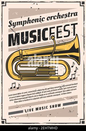 Music fest of symphonic orchestra vector retro poster with golden tuba. Musical wind instrument on vintage invitation, live classic concert. Festival Stock Vector