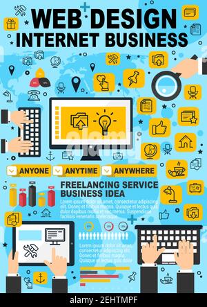 Web design and internet business idea development business or freelance service poster. Vector website technology, user files icons on laptop computer Stock Vector