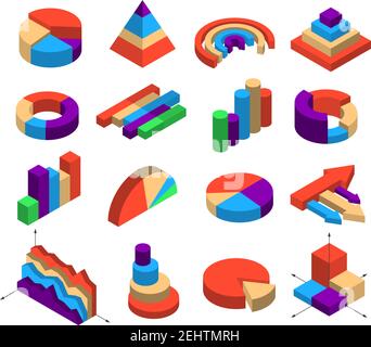 Set of sixteen isometric diagram elements for infographics layout in shape of segment bar column round pyramid arrow cube isolated vector illustration Stock Vector