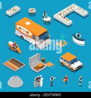 Catering set of isometric icons with chef and waiters, eating on tables, food delivery isolated vector illustration Stock Vector