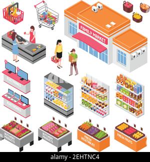 Supermarket isometric set with food and electronics symbols isolated vector illustration Stock Vector