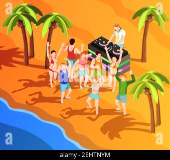 Group of people dancing at beach party with dj 3d isometric vector illustration Stock Vector