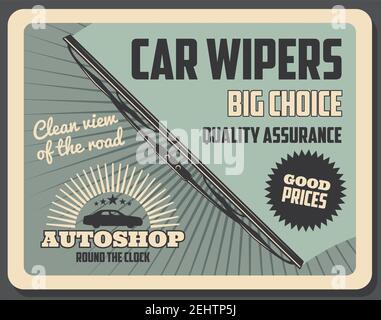 Windshield wipers, car repair and service, spare shop vector poster. Windscreen rubber blade or vehicle glass window cleaning tool, raindrop, road dir Stock Vector