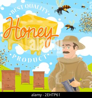 Beekeeping farm, apiary and beekeeper. Man in protective suit and beehive with bees swarm flying around on beekeeping farm. Natural rural product with Stock Vector