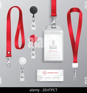 Professional identification card id badges holders with red lanyards and strap clips realistic templates set isolated vector illustration