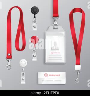 Professional identification card id badges holders with red lanyards and strap clips realistic templates set isolated vector illustration Stock Vector