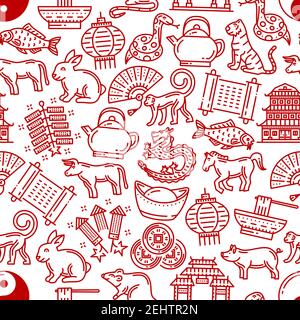 Chinese horoscope pattern background. Vector seamless line design of China zodiac signs and traditional celebration items of Chinese New Year. Dragon Stock Vector