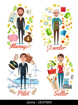 Professions and workers with work related icons. Vector manager with money and credit, jeweler with rings and necklaces, pilot with plane and airport. Stock Vector
