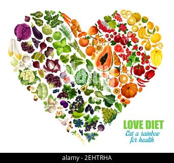 Color detox diet of vegetables and fruits, vector heart shape. Motto eat rainbow for health. Benefits of eating groceries, healthy organic food produc Stock Vector