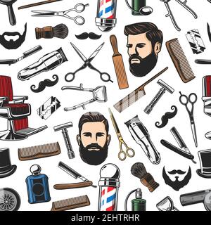 Barbershop salon items and man haircut, beard shaves pattern background. Vector seamless pattern of barber shop pole, scissors or trimmer and brush wi Stock Vector