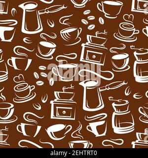 Brown steaming coffee pattern. Vector seamless background of coffee makers and cups with steam, hot americano mug, espresso or latte and cappuccino. C Stock Vector