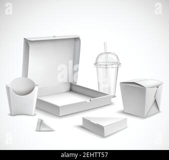 Fast food blank white packaging realistic templates set with clear plastic cup and pizza box vector illustration Stock Vector