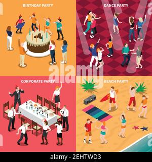 Isometric design concept with people at birthday party, dance evening, corporate celebration and beach isolated vector illustration Stock Vector