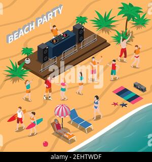 Beach party isometric composition with dj and music equipment, dancing people, loungers, umbrella, palm trees vector illustration Stock Vector