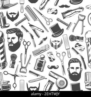Barbershop pattern background. Vector seamless design of hipster mustaches, beard and gentleman hat with shave razor, hair cut trimmer and barber shop Stock Vector