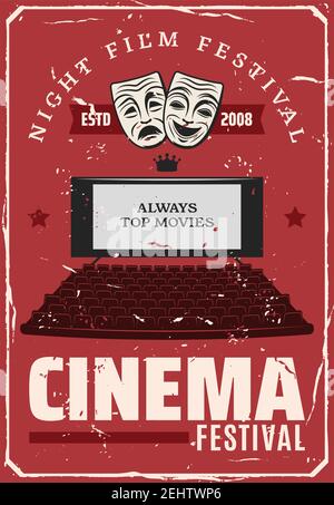 Cinema festival or movie premiere retro poster. Vector vintage cinema theater hall with chairs and projection screen with comedy and tragedy masks, ci Stock Vector