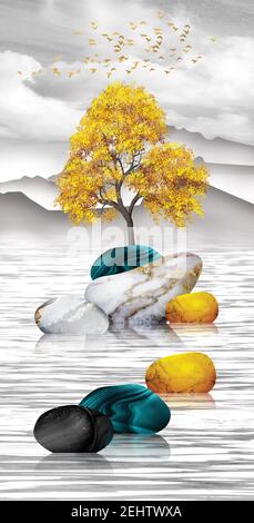 3d chinese landscape . gray background golden tree and birds , mountains and white clouds . golden, black, turquoise stone in water . Stock Photo