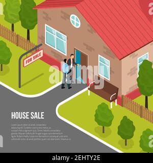 House sale isometric vector illustration with buyer and employee of real estate agency showing one storey cottage Stock Vector