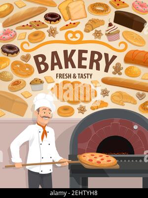 Bakery shop and baker man at oven or fire furnace baking pizza on wooden spatula. Vector baked bread and pastry desserts with sweet cakes and cookie, Stock Vector
