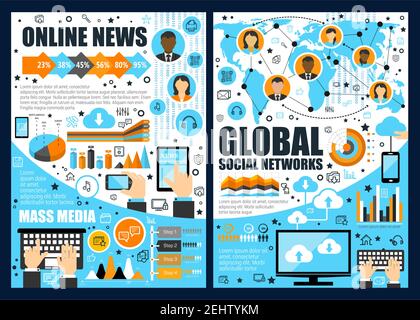 Vector online news and global social network. Mass media and innovation technology. World map and statistics information with diagram, graphs and char Stock Vector