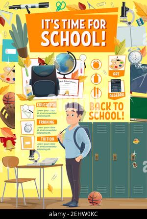 Back to School education season poster with student boy and school stationery or sport locker room. Vector college or university design of geometry, a Stock Vector