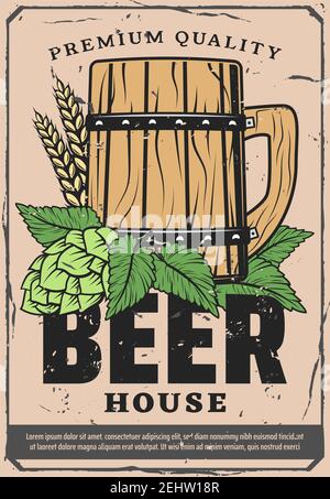 Beer house retro design poster for brewery bar or Oktoberfest pub. Vector premium quality vintage wooden mug of ale or craft beer pint with wheat and Stock Vector