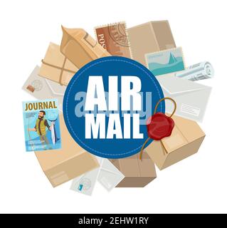 Airmail, post delivery service and air cargo theme. Letters, parcels and envelopes, postcards, postage stamps and newspapers with postage wax seal Stock Vector