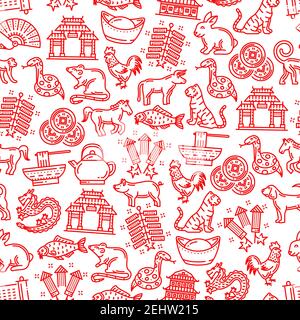 Chinese horoscope animals and culture icons seamless pattern. Vector oriental astrology symbols and noodles, rice and teapot, coins for luck and firew Stock Vector