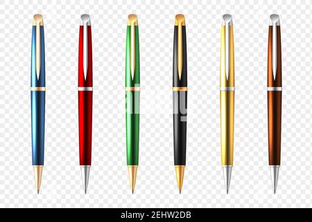Colored and realistic business pen transparent icon set multicolored premium quality style with bright vector illustration Stock Vector
