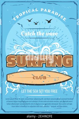 Surfing sport retro poster, summer beach surf club. Tropical ocean waves with surfboard, sunset and birds vintage banner. Summer surf trip advertising Stock Vector