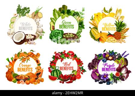 Fruits and vegetables, detox color diet vector icons. Berries and nuts, herbs, spices and dried fruits. Food sorted by colors for proper nutrition and Stock Vector