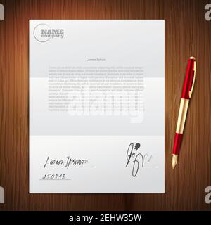 Realistic and colored business pen paper composition with ballpoint pen signature on important documents vector illustration Stock Vector