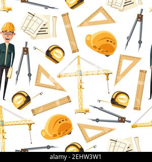 Engineer tools background. Vector seamless pattern of architect, drawings of construction project and ruler, tape measure, compasses, hard hat and cra Stock Vector