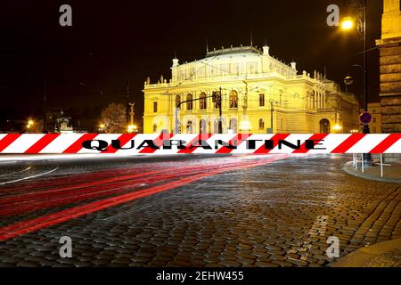 Coronavirus in Prague, Czech Republic. The building of Rudolfiunum concert halls on Jan Palach Square. Quarantine sign. Concept of COVID pandemic and Stock Photo