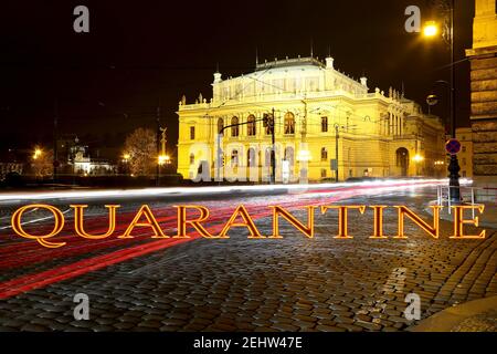 Coronavirus in Prague, Czech Republic. The building of Rudolfiunum concert halls on Jan Palach Square. Quarantine sign. Concept of COVID pandemic and Stock Photo