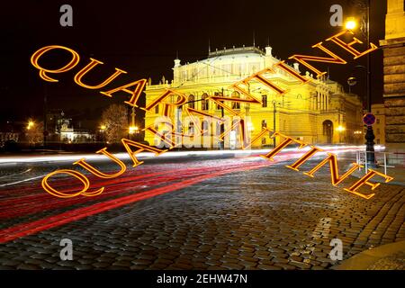 Coronavirus in Prague, Czech Republic. The building of Rudolfiunum concert halls on Jan Palach Square. Quarantine sign. Concept of COVID pandemic and Stock Photo