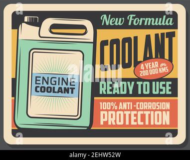 Car engine coolant product in plastic container, vector retro poster. Emulsion in liquid form, garage station vintage billboard. Vehicle service and m Stock Vector