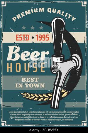 Beer house or craft brewery traditional production line retro poster. Vector vintage advertisement design of bar or pub tap with wheat for premium qua Stock Vector