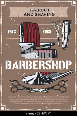 Barbershop salon retro poster. Vector barber shop beard shave and haircut vintage barber chair with clipper and scissors on old background, hygiene th Stock Vector