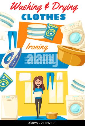 Housework washing, drying and ironing clothes. Housewife holding clean linen, electric washer, dryer and iron icons. Pack of detergent and plastic bas Stock Vector