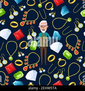 Jeweler or jewelry pattern background. Vector seamless design of man expert appraiser or goldsmith with gems, golden rings and necklaces, diamond earr Stock Vector