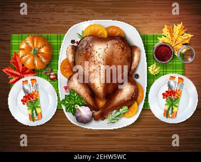 Colored realistic top turkey composition with a table with treats for two vector illustration Stock Vector