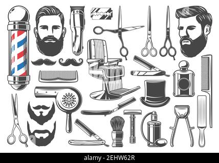 Barbershop tools and equipment, beard or mustache shave and haircut. Vector set of barber shop pole signage, chair or scissors, shaving brush, hair cl Stock Vector