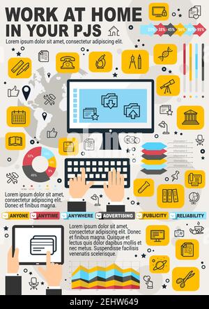 Freelance online work, home and business web projects development or PJS company. Vector PC user and internet office with diagram and charts statistic Stock Vector