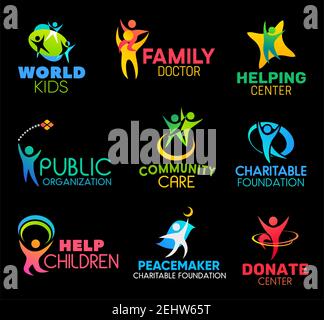 Charity and social support organization icons. Family health doctor and children helping center, community, public support charitable foundation or do Stock Vector