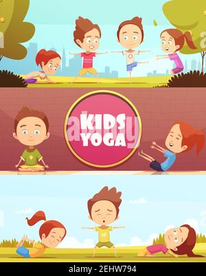 Yoga for kids. Happy childrens make different exercises. Cartoon