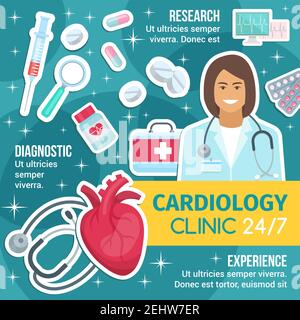 Cardiology research, experience and diagnostics medicine. Cardio clinic vector brochure, cardiologist doctor, cardiac icons. Stethoscope and heart, me Stock Vector